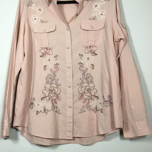 Peachy pink western embroidered shirt fabric covered buttons buttons down size L - Picture 3 of 9